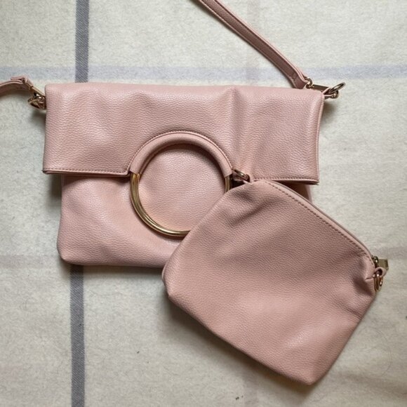 Blush Pink Faux Leather Ring Handle Crossbody Purse With Matching Pouch - Picture 7 of 15